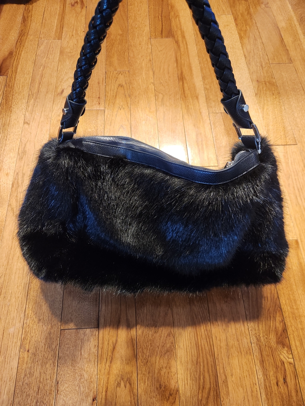 Black Faux Fur Oversized Shoulder Bag Braided Strap Glam Statement Purse P-001
